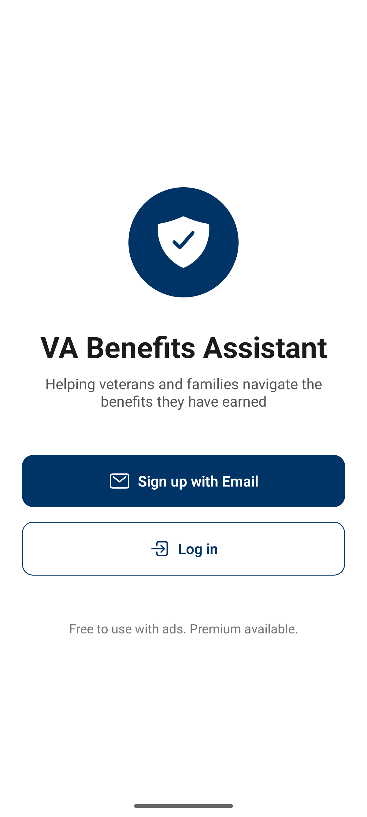 VA Benefits App welcome screen